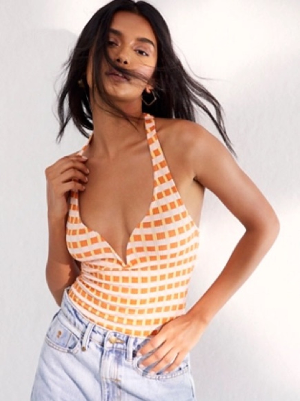 Free People Lola in Lemon Combo Orange and White Halter Grid Knit Bodysuit